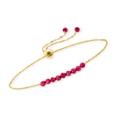 Ross-Simons - 2.70 ct. t. w. Ruby Bead Bolo Bracelet 14kt Yellow Gold. RS Pure. Modern designs that complete your outfit and complement your personality. Build the perfect stack, starting with this dainty bolo bracelet! On it, 2.70 ct. t. w. round ruby faceted beads line up along a simple 14kt yellow gold Singapore chain that adjusts to fit most wrists. Ruby bead bolo bracelet. Ruby birthstones are the perfect gift for July birthdays. Jeweled Ruby Round Bracelets, Gold Ruby Bracelet Fine Jewelry, Yellow Gold Ruby Bangle Bracelets, Fine Gold Ruby Bracelet, Yellow Gold Ruby Bracelet, Bolo Bracelet, Ruby Birthstone, Ruby Beads, Ruby Stone