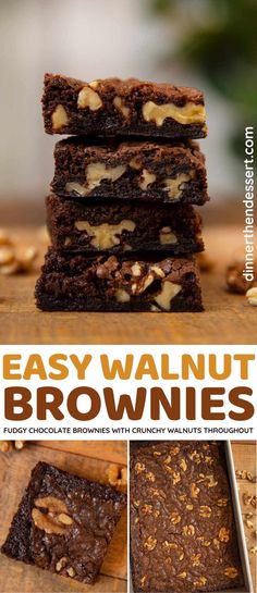 chocolate brownies with walnuts are stacked on top of each other and the title says easy walnut brownies