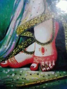 a painting of a woman's feet in red and gold shoes with chains around her ankles