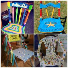 four different chairs made out of construction paper and plastic straws are shown in this collage