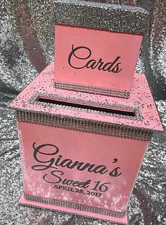 two pink boxes with silver glitter on them and the words grandma's sweet 16