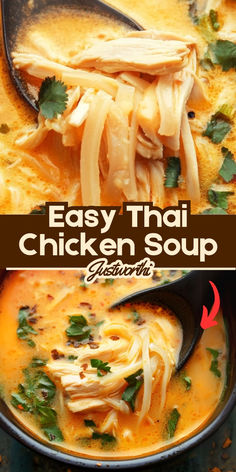 easy thai chicken soup in a bowl with noodles and garnishes on top