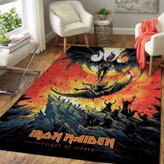 a living room with a large rug on the floor that has an iron maiden poster on it