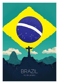 a poster with the flag of brazil on it's back and mountains in the background