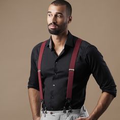 * Six tabs with clips
 * Adjustable wide straps
 * Rich burgundy hue Classic Black Belts And Suspenders For Party, All Black Fit, Black Male Models, Bonnie Clyde, Rich Burgundy, Black Fits, Wide Straps, Braces, Suspenders