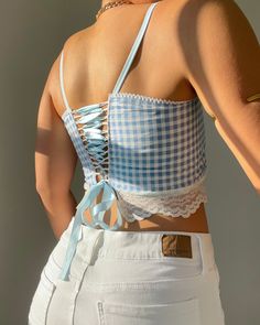 Handmade crop top Sustainably made with fabric remnants Double layered bust, not see through Size XS 100% cotton bust Adjustable lace-up ribbon back Gingham Top Outfit, Lace Up Back Top, Onam Dress, Handmade Crop Top, Boho Whimsical, Corset Tops, Lace Trim Top, Gingham Tops, Whimsical Fashion