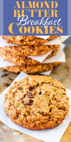 a stack of cookies on top of each other with the words almond butter breakfast cookies