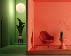 a chair and table in a room with pink walls, green flooring and plants