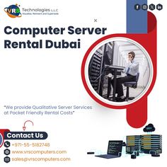 an advertisement for computer server rental in dubai, with the image of a man sitting on a