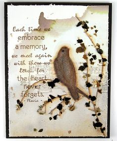 a bird sitting on top of a tree branch next to a sign that says each time we embrace a memory, we meet again