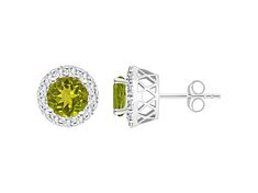 7mm round peridot and round white topaz rhodium over sterling silver halo stud earrings. Measures approximately 0.43" L x 0.43" W and have post with friction backings. Round Peridot Jewelry With Halo Setting, Classic Peridot Jewelry With Halo Setting, Halo Stud Earrings, Halo Earrings Studs, White Topaz, Topaz, Halo, Stud Earrings, Sterling Silver