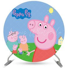 the peppa pig family is standing in front of a blue sky and green field