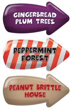 three different types of candy with the words peppermint forest, peanut brittle house and gingerbread plum trees