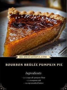 bourbon brulee pumpkin pie recipe on a white plate with a black and gold border