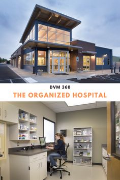 the front and back side of a hospital building with two women working at their desks