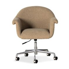 Pared back and fashion-forward. Inspired by chic midcentury offices, upholstery with arms, seat back, and an aluminum base. Added casters offer ease in the modern workplace. AllModern Upholstery Color: Sheepskin Camel Sherpa AllModern Ergonomic Task Chair in Sheepskin Camel Sherpa | Size 26.75" W X 26.5" D Sherpa Office Chair, Faux Fur Desk Chair, Midcentury Office, Mustard Desk Chair, Comfortable Desk Chair Brown, Cooper Mid-century Leather Swivel Office Chair, Four Hands, Task Chair, Desk Chair