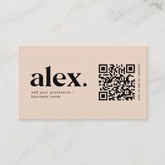 a business card with the word alex on it and a qr code in black