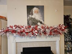 a mantel decorated with red and white candy canes