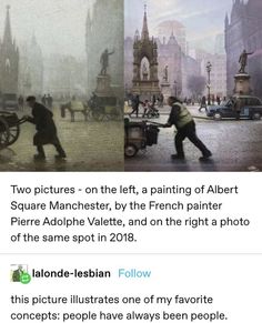 the two pictures show people in different places