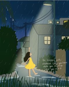 a girl in a yellow dress is walking through the rain with her hand up to the sky