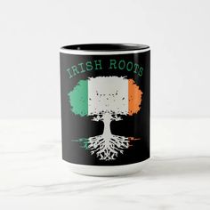 irish roots coffee mug on marble table