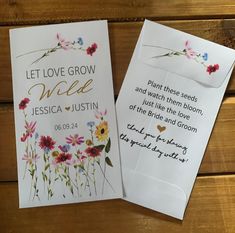 two wedding cards with flowers on them and the words let love grow here written in gold