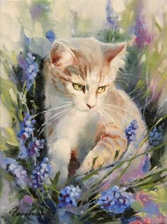 a painting of a cat sitting on top of a bunch of purple and blue flowers