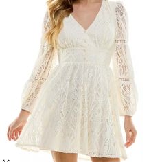 Flare Short Dress, Flowing Skirt, Long Sleeve Lace Dress, Studio City, Light Texture, Cream Dress, White Cream, Long Sleeve Lace, Cream White