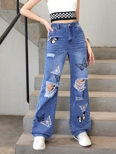 Medium Wash  Collar  Denim Butterfly Wide Leg Embellished Non-Stretch All Teen Girls Clothing Denim Butterfly, Jean Designs, Tv Clothes, Hot Summer Outfits, Slay Outfits, Painted Jeans, Concert Outfits