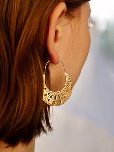 Mandala Moon Earrings - Medium Crescent Moon Hoops - (288B) Bohemian Crescent Hoop Earrings With Ear Wire, Bohemian Crescent Hoop Earrings, Bohemian Gold Hoop Plug Earrings, Gold Bohemian Hoop Plug Earrings, Bohemian Crescent Hoop Earrings Nickel Free, Bohemian Teardrop Brass Hoop Earrings, Bohemian Gold Hoop Earrings With Ear Wire, Gold Bohemian Hoop Earrings With Ear Wire, Artisan Gold Teardrop Hoop Earrings