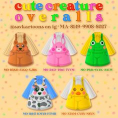 an advertisement for cute creature overalls with four different colors and designs on it