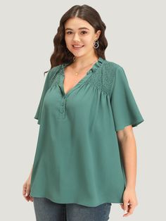 Shop Plain Shirred Button Through Frill Trim Stand Collar Blouse now and redefine your style with confidence at BloomChic. Tailored for mid and plus-size women. This trendy Tops Women, sizes 10-30. Season:Summer;Color:Aegean;Style:Elegant;Pattern Type:Plain;Neckline:V-neck;Sleeve Type:Ruffle Sleeve;Details:Shirred, Button, Ruffles, Plain, Gathered;Pocket:No-pocket;Snap Fastener:No-snap fastener Summer Rayon Blouse With Button Closure, Summer Rayon Blouse With Buttons, Solid Button Blouse For Vacation, Vacation Blouse With Buttons, Rayon Short Sleeve Blouse With Button Closure, Stand Collar Blouse, Womens Trendy Tops, Elegant Pattern, Summer Color