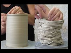 two images one shows a woman making a vase and the other shows how to make a vase out of clay