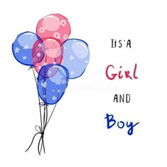 it's a girl and boy birthday card with blue, pink and purple balloons