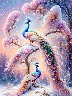 two peacocks are standing in the snow near some trees and flowers, one has its tail