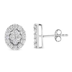 These glamorous earrings are set with a dazzling total diamond weight of 1 1/2 cttw. Designed in an ovular manner, these earrings are set with 40 round-cut diamonds in an elegant prong setting. The overlapping of the diamonds gives these earrings a magnificent feel. This will be your favorite piece in your jewelry collection. Oval Stud Earrings, Jewelry Essentials, White Jewelry, Diamond Fashion, Sterling Silver Studs, Sterling Silver Earrings Studs, 2 Carat, Oval Diamond, Sparkle Diamonds