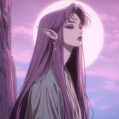 a woman with long purple hair standing in front of a tree and the moon behind her