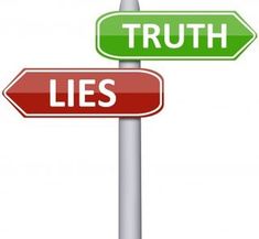 two green and red street signs with the words truth and lies written on one sign