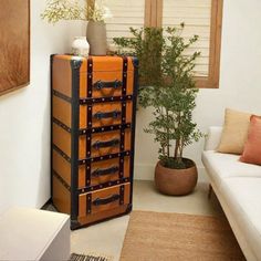 an orange suitcase sitting on top of a wooden cabinet next to a white couch and potted plant