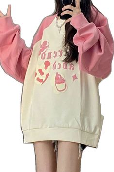 Cute Long Sleeve Top With Drawstring Hood, Cute Long Sleeve Hoodie, Kawaii Cotton Hoodie Top, Cute Hooded Cotton Sweater, Pink Kawaii Hoodie With Letter Print, Cute Cotton Hooded Sweatshirt, Kawaii Style Oversized Hoodie Top, Kawaii Oversized Hoodie Top, Oversized Kawaii Hoodie Top