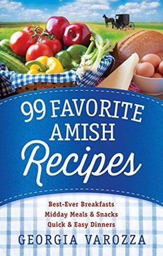 the 99 favorite amish recipes cookbook is shown in front of a blue and white check