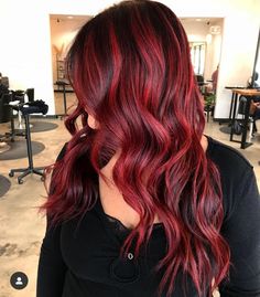 Layered Red Balayage Hair, Bright Red Balayage Hair Brunettes, Cherry Red With Highlights, Root Smudge Red Hair, Bright Red Highlights On Dark Hair, Brown With Red Underneath, Red Hair With Lowlights Dark, Bright Red Highlights In Brown Hair, Bright Red Balayage Hair