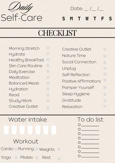 Daily Self-care Checklist #aesthetic #checklist #todolist #template #templatedownload #selfcare #selfcareroutine Makeover Checklist, Self Care Checklist Aesthetic, Selfcare Day Checklist, Wellness Checklist, Selfcare Checklist, Checklist Template Aesthetic, Daily Self Care Checklist, Self Care Checklist, Self Care Checklist For Teenagers