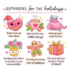 some stickers that say reminders for the holidays and have different things on them