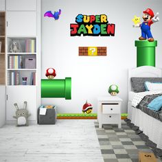 a bedroom with mario bros wall decals on the walls