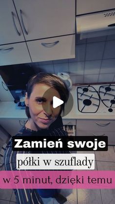 a woman standing in a kitchen next to a stove top oven with the words zamien swjeie polki w szaffadny on it