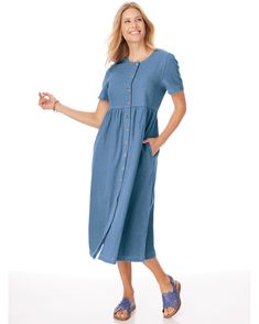 Is it a jeans day or dress day? The answer is yes in the breezy Denim Button-Front Dress. This all-cotton favorite lends a cool and casual attitude to every sunny day styling scenario. Its effortless design lets you throw it on and go, thanks to easy-fastening buttons with a laidback faux-wooden look. We softened the silhouette with a slightly shirred waistline, while the handy on-seam side pockets encourage endless summer strolling. (Sidewalk skipping optional). • Denim Button-Front Dress. • Sh Style Denim Dress, Shirtwaist Dress, Bleached Denim, Button Front Dress, Color Swatch, Blue Outfit, Dress Midi, Endless Summer, Mom Style