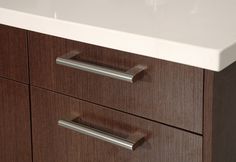 a close up of a drawer with two handles on it and a sink in the background