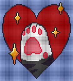 a cross stitch heart with an animal's paw on it, and the word love is