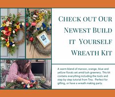 a woman sitting in front of a wreath with the words, check out our newest build it